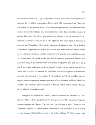 284
elle obtient un résultat de 13 (pas de problème évident), mais elle se retrouve près de la
catégorie de « problème en émergence (15 ou plus). Elle consommerait de l'alcool de
une à deux fois par semaine jusqu'à trois fois et plus par semaine. Au cours des douze
derniers mois, elle aurait pris cinq consommations ou plus dans une même occasion à
environ 30 reprises. Par ailleurs, elle obtient un résultat de 12 au questionnaire A-Ang,
mesurant le niveau de colère, ce qui se situe à presque deux écarts-types au dessus de la
moyenne de l'échantillon. Elle a eu des idéations suicidaires au cours de la dernière
année et elle a également fait un plan pour se tuer. Elle mentionne avoir parlé à un ami
de ses idéations suicidaires. Amélie mentionne avoir consulté une psychologue, mais
lors de l'entrevue, elle précise qu'elle n'est allée la rencontre qu'une seule fois avec son
père et sa sœur, et que cette rencontre s'est avérée peu positive pour elle. En ce qui a
trait à son réseau social, elle mentionne pouvoir compter sur ses parents, des amis, sa
fratrie pour se confier ou résoudre des problèmes. Pour avoir du plaisir, elle semble se
retourner vers ses amis et son copain. Il est à préciser qu'elle ne considère pas son
copain comme une personne ressource pour se confier ou régler un problème. Amélie est
attaché à cinq personnes (trois amis, sœur, « chum »). Elle se dit très satisfaite de deux
de ces relations (sœur et une amie).
Lorsqu'on lui demande de dessiner, Amélie se montre très défensive: «Ouin.
[silence]. Mais je l'sais pas [silence].Y'a rien qui m'vient. Ben comment, j'sais pas
comment dessiner ça [silence]. Ça c'est com...(ne finit pas le mot), j'trouve ça trop
complexe à dessiner. ». Amélie accepte finalement de faire son dessin et elle le réalise
en cinq minutes. Elle intitule son dessin« Ma colère» (Figure 47). Trois couleurs sont
 