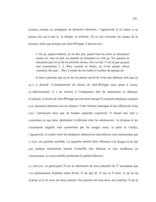 291
détresse comme un amalgame de plusieurs éléments: l'agressivité et la colère (<< tu
penses rien qu'à tuer »), la drogue, la tristesse. En ce qui concerne les causes de la
détresse, telles que perçues par Jean-Philippe, il précise ceci:
C'est ça, quand mettons, je ne sais pas, quand tous tes amis se retournent
contre toi, tout va mal, tes parents se chicanent et c'est ça. Tes parents se
chicanent puis là un de tes proches meure, tout va mal. C'est là que ça peut
tout commencer [...]. Non, comme je disais, ça m'est jamais arrivé
vraiment, fait que.. . Moi, j'essaie de me mettre à la place de quelqu'un.
Il tient à préciser que ça ne lui est jamais arrivé de vivre une détresse telle que ce
qu'il a dessiné. L'emplacement du dessin de Jean-Philippe nous porte à croire,
qu'effectivement, il a eu recours à l'imaginaire afin de représenter la détresse.
D'ailleurs, le dessin de Jean-Philippe est très riche puisqu'il comporte plusieurs couleurs
ainsi plusieurs éléments mis en relation. Cette richesse témoigne d'une affectivité riche
chez l'adolescent ainsi que de bonnes capacités cognitives. Il réussit très bien à
symboliser ce que peut représenter la détresse chez les adolescents: la tristesse et les
événements négatifs sont symbolisés par les nuages noirs, la pluie et l'éclair,
l'agressivité, la colère voire les tendances dépressives (suicidaires) sont représentées par
le fusil, un symbole morbide. La cigarette semble faire référence à la drogue et au fait
que certains adolescents tentent d'étouffer leur détresse et leur souffrance en
consommant. Le cœur semble symboliser la sphère affective.
La détresse. Le participant 76 est un adolescent de sexe masculin de 3e
secondaire que
l'on prénommera Jonathan (nom fictif). Il est âgé de 14 ans et 9 mois. Il est né au
Québec et il vit avec ses deux parents. Ses parents ont tous deux une maîtrise. Il est le
 
