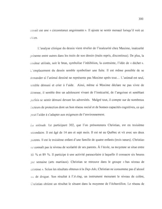 300
travail est une « circonstance angoissante ». Il ajoute se sentir menacé lorsqu'il voit ce
chien.
L'analyse clinique du dessin vient révéler de l'insécurité chez Maxime, insécurité
présente entre autres dans les traits de son dessin (traits repris, discontinus). De plus, la
couleur utilisée, soit le brun, symbolise l'inhibition, la contrainte, l'idée de « déchet ».
L'emplacement du dessin semble symboliser une fuite. Il est même possible de se
demander si l'animal dessiné ne représente pas Maxime après tout.. . L'animal est seul,
semble démuni et crier à l'aide. Ainsi, même si Maxime déclare ne pas vivre de
détresse, il semble être un adolescent vivant de l'insécurité, de l'angoisse et semblant
parfois se sentir démuni devant les adversités. Malgré tout, il compte sur de nombreux
làcteurs de protection dont un bon réseau social et de bonnes capacités cognitives, ce qui
peut l'aider à s'adapter aux exigences de l'environnement.
La solitude. Le participant 302, que l'on prénommera Christian, est en troisième
secondaire. Il est âgé de 14 ans et sept mois. Il est né au Québec et vit avec ses deux
parents. Il est le troisième enfant d'une famille de quatre enfants (trois sœurs). Christian
ne connaît pas le niveau de scolarité de ses parents. À l'école, sa moyenne se situe entre
80 % et 89 %. Il participe à une activité parascolaire à laquelle il consacre six heures
par semaine (arts martiaux). Christian se retrouve dans le groupe « bas niveau de
détresse ». Selon les résultats obtenus à la Dep-Ado, Christian ne consomme pas d'alcool
ou de drogue. Son résultat à l'A-Ang, un instrument mesurant le niveau de colère,
Christian obtient un résultat le situant dans la moyenne de l'échantillon. Le réseau de
 