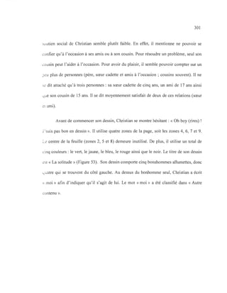 301
soutien social de Christian semble plutôt faible. En effet, il mentionne ne pouvoir se
confier qu'à l'occasion à ses amis ou à son cousin. Pour résoudre un problème, seul son
cousin peut l'aider à l'occasion. Pour avoir du plaisir, il semble pouvoir compter sur un
peu plus de personnes (père, sœur cadette et amis à l'occasion ; cousins souvent). Il ne
se dit attaché qu'à trois personnes: sa sœur cadette de cinq ans, un ami de 17 ans ainsi
que son cousin de 15 ans. Il se dit moyennement satisfait de deux de ces relations (sœur
el ami).
Avant de commencer son dessin, Christian se montre hésitant: « Oh boy (rires) !
J'suis pas bon en dessin ». Il utilise quatre zones de la page, soit les zones 4, 6, 7 et 9.
Le centre de la feuille (zones 2, 5 et 8) demeure inutilisé. De plus, il utilise un total de
cinq couleurs: le vert, le jaune, le bleu, le rouge ainsi que le noir. Le titre de son dessin
est «La solitude » (Figure 53). Son dessin comporte cinq bonshommes allumettes, donc
quatre qui se trouvent du côté gauche. Au dessus du bonhomme seul, Christian a écrit
« moi» afin d'indiquer qu'il s'agit de lui. Le mot « moi» a été classifié dans « Autre
contenu ».
 