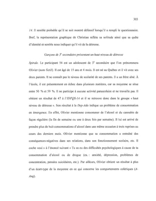 303
14. Il semble probable qu'il se soit montré défensif lorsqu'il a rempli le questionnaire.
Bref, la représentation graphique de Christian reflète sa solitude ainsi que sa quête
d'identité et semble nous indiquer qu'il vit de la détresse.
Garçons de Je secondaire présentant un haut niveau de détresse
Spirale. Le participant 54 est un adolescent de 3e
secondaire que l'on prénommera
Olivier (nom fictif). Il est âgé de 15 ans et 4 mois. Il est né au Québec et il vit avec ses
deux parents. Il ne connaît pas le niveau de scolarité de ses parents. Il a un frère aîné. À
l'école, il est présentement en échec dans plusieurs matières, car sa moyenne se situe
entre 50 % et 59 %. Il ne participe à aucune activité parascolaire et ne travaille pas. Il
obtient un résultat de 47 à 1'IDPQS-14 et il se retrouve donc dans le groupe «haut
niveau de détresse ». Son résultat à la Dep-Ado indique un problème de consommation
en émergence. En effet, Olivier mentionne consommer de l'alcool et du cannabis de
façon régulière (la fin de semaine ou une à deux fois par semaine). Il lui est arrivé de
prendre plus de huit consommations d'alcool dans une même occasion à trois reprises au
cours des derniers mois. Olivier mentionne que sa consommation a entraîné des
conséquences négatives dans ses relations, dans son fonctionnement scolaire, etc. Il
coche «oui» à l'énoncé suivant « Tu as eu des difficultés psychologiques à cause de ta
consommation d'alcool ou de drogue (ex.: anxiété, dépression, problèmes de
concentration, pensées suicidaires, etc.). Par ailleurs, Olivier obtient un résultat à plus
d'un écart-type de la moyenne en ce qui concerne les comportements colériques (A-
Ang).
 