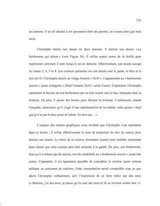 310
ses parents. Il se dit attaché à six personnes dont ses parents, un cousin ainsi que trois
amIs.
Christophe réalise son dessin en deux minutes. Il intitule son dessin «Le
bonhomme qui pleure» (voir Figure 56). Il utilise quatre zones de la feuille pour
représenter comment il sent lorsqu'il est en détresse. Effectivement, son dessin occupe
les zones 2, 4, 5 et 8. Les couleurs présentes sur son dessin sont le jaune, le bleu et le
noir (n=3). Christophe dessin un visage humain « fictif», s'apparentant au «bonhomme
sourire» jaune (catégorie « Détail humain fictif» selon Exner). Cependant, Christophe
représente la bouche de son bonhomme par un trait tourné vers le bas, indiquant ainsi la
tristesse. De plus, il ajoute des larmes pour illustrer la tristesse. L'adolescent, durant
l'enquête, mentionne qu'il s'agit d'une représentation de lui-même, mais ajoute « Sauf
que je n'ai pas la face jaune de même. En tout cas... » .
L'analyse des indices graphiques nous révèlent que Christophe s'est représenté
dans ce dessin ; il utilise effectivement la zone de projection du moi (le centre) pour
réaliser son dessin. Le choix de la couleur dominante Gaune) peut sembler surprenant
étant donné que cette couleur peut être associée à la gaieté. De plus, son bonhomme,
bien qu'il n'arbore pas de sourire, est très semblable au « bonhomme sourire» jaune très
connu. Cependant, il est également possible de considérer la couleur jaune comme
reflétant un sentiment de trahison. Cette interprétation serait compatible avec ce que
décrit Christophe verbalement, soit l'impression de se faire trahir par des amis
(<< Mettons, j'ai des amis, je pense qu'ils sont des amis et ils se revirent contre moi. »).
 
