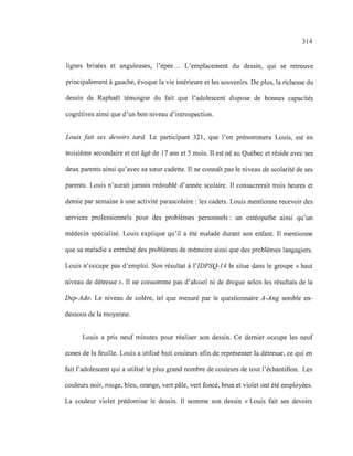 314
lignes brisées et anguleuses, l'épée.. . L'emplacement du dessin, qui se retrouve
principalement à gauche, évoque la vie intérieure et les souvenirs. De plus, la richesse du
dessin de Raphaël témoigne du fait que l'adolescent dispose de bonnes capacités
cognitives ainsi que d'un bon niveau d'introspection.
Louis fait ses devoirs tard. Le participant 321, que l'on prénommera Louis, est en
troisième secondaire et est âgé de 17 ans et 5 mois. Il est né au Québec et réside avec ses
deux parents ainsi qu'avec sa sœur cadette. Il ne connaît pas le niveau de scolarité de ses
parents. Louis n'aurait jamais redoublé d'année scolaire. Il consacrerait trois heures et
demie par semaine à une activité parascolaire : les cadets. Louis mentionne recevoir des
services professionnels pour des problèmes personnels : un ostéopathe ainsi qu'un
médecin spécialisé. Louis explique qu'il a été malade durant son enfant. Il mentionne
que sa maladie a entraîné des problèmes de mémoire ainsi que des problèmes langagiers.
Louis n'occupe pas d'emploi. Son résultat à l'IDPSQ-14 le situe dans le groupe «haut
niveau de détresse ». Il ne consomme pas d'alcool ni de drogue selon les résultats de la
Dep-Ado. Le niveau de colère, tel que mesuré par le questionnaire A-Ang semble en-
dessous de la moyenne.
Louis a pris neuf minutes pour réaliser son dessin. Ce dernier occupe les neuf
zones de la feuille. Louis a utilisé huit couleurs afin de représenter la détresse, ce qui en
fait l'adolescent qui a utilisé le plus grand nombre de couleurs de tout l'échantillon. Les
couleurs noir, rouge, bleu, orange, vert pâle, vert foncé, brun et violet ont été employées.
La couleur violet prédomine le dessin. Il nomme son dessin «Louis fait ses devoirs
 