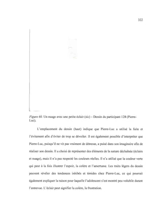 Figure 60. Un nuage avec une petite éclair (sic) - Dessin du participant 128 (Pierre-
Luc).
322
L'emplacement du dessin (haut) indique que Pierre-Luc a utilisé la fuite et
l'évitement afin d'éviter de trop se dévoiler. Il est également possible d'interpréter que
Pierre-Luc, puisqu'il ne vit pas vraiment de détresse, a puisé dans son imaginaire afin de
réaliser son dessin. Il a choisi de représenter des éléments de la nature déchaînée (éclairs
et nuage), mais il n'a pas respecté les couleurs réelles. Il n'a utilisé que la couleur verte
qui peut à la fois illustrer l'espoir, la colère et l'amertume. Les traits légers du dessin
peuvent révéler des tendances inhibés et timides chez Pierre-Luc, ce qui pourrait
également expliquer la raison pour laquelle l'adolescent s'est montré peu volubile durant
l'entrevue. L'éclair peut signifier la colère, la frustration.
 