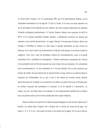 323
Le néant dans l 'espace vert. Le participant 189, que l'on prénommera Émeric, est en
cinquième secondaire et il est âgé de 17 ans et 5 mois. Il vit avec ses deux parents et il
est le deuxième d'une famille de trois enfants. Ses deux parents détiennent un diplôme
d'études collégiales professionnel. À l'école, Émeric obtient une moyenne de 80 % à
89 %. Il n'a jamais redoublé d'année scolaire. L'adolescent consacre six heures par
semaine à une activité parascolaire: le rugby. Émeric n'occupe pas d'emploi. Selon son
résultat à l'IDPSQ-14, Émeric se situe dans le groupe présentant un bas niveau de
détresse. En ce qui a trait à sa consommation d'alcool et de drogue, il se retrouve dans la
catégorie «feu vert» (pas de problème évident de consommation), mais à un point
seulement d'un «problème en émergence ». Émeric mentionne consommer de l'alcool
et du cannabis toute les fins de semaine (ou une à deux fois par semaine). Il a commencé
cette consommation à 15 ans (cannabis) et à 16 ans (alcool). En ce qui concerne son
niveau de colère, tel que mesuré par le questionnaire A-Ang, celui-ci se retrouve dans la
moyenne de l'échantillon. En ce qui a trait à son réseau de soutien social, Émeric
mentionne pouvoir compter sur ses parents, ses frères, ses amis ainsi que sa blonde pour
se confier, résoudre des problèmes et s'amuser. Il se dit attaché à 5 personnes: sa
copine, un ami, son frère aîné et ses parents. Il est moyennement satisfait de la relation
avec ses parents alors qu'il est très satisfait des trois autres relations.
Émeric réalise son dessin de la détresse psychologique en une minute, dessin qu'il
intitule «Le néant dans l'espace vert» (Figure 61). Il utilise six zones de la page: les
zones 1, 2, 3, 4, 5 et 6 (les zones du haut et du milieu de la page). En ce qui a trait au
 
