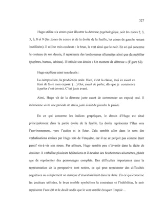 327
Hugo utilise six zones pour illustrer la détresse psychologique, soit les zones 2, 3,
5, 6, 8 et 9 (les zones du centre et de la droite de la feuille, les zones de gauche restant
inutilisées). Il utilise trois couleurs: le brun, le vert ainsi que le noir. En ce qui concerne
le contenu de son dessin, il représente des bonhommes allumettes ainsi que du mobilier
(pupitres, bureau, tableau). Il intitule son dessin « Un moment de détresse» (Figure 62).
Hugo explique ainsi son dessin :
La composition, la production orale. Bien, c'est la classe, moi en avant en
train de faire mon exposé. (.. .) Oui, avant de parler, dès que je commence
à parler c'est correct. C'est juste avant.
Ainsi, Hugo vit de la détresse juste avant de commencer un exposé oral. Il
mentionne vivre une période de stress juste avant de prendre la parole.
En ce qui concerne les indices graphiques, le dessin d'Hugo est situé
principalement dans la partie droite de la feuille. La droite représenter l'élan vers
l'environnement, vers l'action et le futur. Cela semble aller dans le sens des
verbalisations émises par Hugo lors de l'enquête, car il ne se perçoit pas comme étant
passif vis-à-vis son stress. Par ailleurs, Hugo semble peu s'investir dans la tâche de
dessiner. Il verbalise plusieurs hésitations et il dessine des bonhommes allumettes, plutôt
que de représenter des personnages complets. Des difficultés importantes dans la
représentation de la perspective sont notées, ce qui peut représenter des difficultés
cognitives ou simplement un manque d'investissement dans la tâche. En ce qui concerne
les couleurs utilisées, le brun semble symboliser la contrainte et l'inhibition, le noir
représente l'anxiété et le deuil tandis que le vert semble évoquer l'espoir...
 