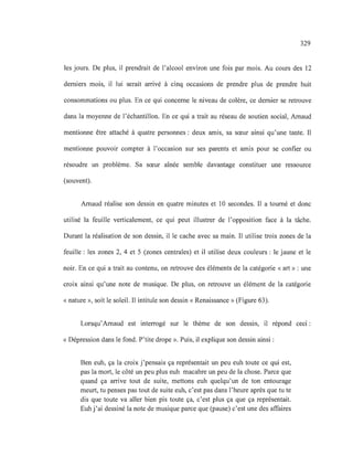 329
les jours. De plus, il prendrait de l'alcool environ une fois par mois. Au cours des 12
derniers mois, il lui serait arrivé à cinq occasions de prendre plus de prendre huit
consommations ou plus. En ce qui concerne le niveau de colère, ce dernier se retrouve
dans la moyenne de l'échantillon. En ce qui a trait au réseau de soutien social, Arnaud
mentionne être attaché à quatre personnes: deux amis, sa sœur ainsi qu'une tante. Il
mentionne pouvoir compter à l'occasion sur ses parents et amis pour se confier ou
résoudre un problème. Sa sœur aînée semble davantage constituer une ressource
(souvent).
Arnaud réalise son dessin en quatre minutes et 10 secondes. Il a tourné et donc
utilisé la feuille verticalement, ce qui peut illustrer de l'opposition face à la tâche.
Durant la réalisation de son dessin, il le cache avec sa main. Il utilise trois zones de la
feuille: les zones 2, 4 et 5 (zones centrales) et il utilise deux couleurs : le jaune et le
noir. En ce qui a trait au contenu, on retrouve des éléments de la catégorie «art » : une
croix ainsi qu'une note de musique. De plus, on retrouve un élément de la catégorie
« nature », soit le soleil. Il intitule son dessin «Renaissance» (Figure 63).
Lorsqu'Arnaud est interrogé sur le thème de son dessin, il répond ceCI:
« Dépression dans le fond. P'tite drope ». Puis, il explique son dessin ainsi:
Ben euh, ça la croix j 'pensais ça représentait un peu euh toute ce qui est,
pas la mort, le côté un peu plus euh macabre un peu de la chose. Parce que
quand ça arrive tout de suite, mettons euh quelqu'un de ton entourage
meurt, tu penses pas tout de suite euh, c'est pas dans l'heure après que tu te
dis que toute va aller bien pis toute ça, c'est plus ça que ça représentait.
Euh j'ai dessiné la note de musique parce que (pause) c'est une des affaires
 