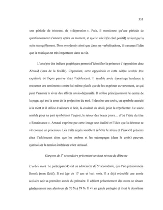 331
une période de tristesse, de «dépression ». Puis, il mentionne qu'une période de
questionnement s'amorce après un moment, et que le soleil (le côté positif) revient par la
suite tranquillement. Dans son dessin ainsi que dans ses verbalisations, il transmet l'idée
que la musique est très importante dans sa vie.
L'analyse des indices graphiques permet d'identifier la présence d'opposition chez
Arnaud (sens de la feuille). Cependant, cette opposition et cette colère semble être
exprimée de façon passive chez l'adolescent. Il semble avoir davantage tendance à
retourner ces sentiments contre lui-même plutôt que de les exprimer ouvertement, ce qui
peut l'amener à vivre des affects anxio-dépressifs. Il utilise principalement le centre de
la page, qui est la zone de la projection du moi. Il dessine une croix, un symbole associé
à la mort et il utilise d'ailleurs le noir, la couleur du deuil, pour la représenter. Le soleil
semble pour sa part symboliser l'espoir, le retour des beaux jours.. . d'où l'idée du titre
« Renaissance ». Arnaud exprime par cette image une dualité et l'idée que la détresse se
vit comme un processus. Les traits repris semblent refléter le stress et l'anxiété présents
chez l'adolescent alors que les ombres et les estompages (dans la croix) peuvent
symboliser la tension intérieure chez Arnaud.
Garçons de Jesecondaire présentant un haut niveau de détresse
L 'arbre mort. Le participant 43 est un adolescent de 5e
secondaire, que l'on prénommera
Benoît (nom fictif). Il est âgé de 17 ans et huit mois. Il a déjà redoublé une année
scolaire soit sa première année du primaire. Il obtient présentement des notes se situant
généralement aux alentours de 70 % à 79 %. Il vit en garde partagée et il est le deuxième
 