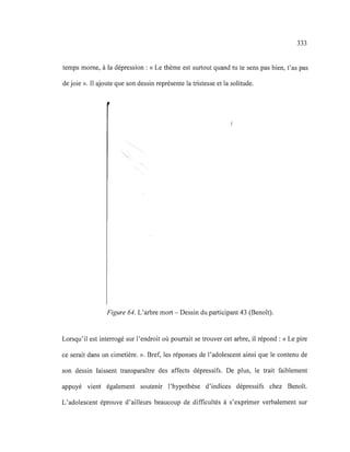 333
temps morne, à la dépression : «Le thème est surtout quand tu te sens pas bien, t'as pas
de joie ». Il ajoute que son dessin représente la tristesse et la solitude.
Figure 64. L'arbre mort - Dessin du participant 43 (Benoît).
Lorsqu'il est interrogé sur l'endroit où pourrait se trouver cet arbre, il répond: «Le pire
ce serait dans un cimetière. ». Bref, les réponses de l'adolescent ainsi que le contenu de
son dessin laissent transparaître des affects dépressifs. De plus, le trait faiblement
appuyé vient également soutenir l'hypothèse d'indices dépressifs chez Benoît.
L'adolescent éprouve d'ailleurs beaucoup de difficultés à s'exprimer verbalement sur
 
