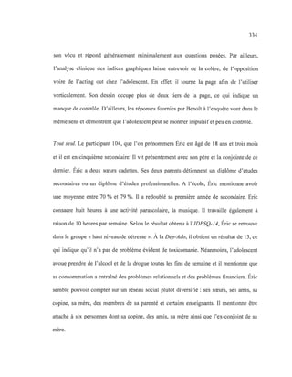 334
son vécu et répond généralement minimalement aux questions posées. Par ailleurs,
l'analyse clinique des indices graphiques laisse entrevoir de la colère, de l'opposition
voire de l'acting out chez l'adolescent. En effet, il tourne la page afin de l'utiliser
verticalement. Son dessin occupe plus de deux tiers de la page, ce qui indique un
manque de contrôle. D'ailleurs, les réponses fournies par Benoît à l'enquête vont dans le
même sens et démontrent que l'adolescent peut se montrer impulsif et peu en contrôle.
Tout seul. Le participant 104, que l'on prénommera Éric est âgé de 18 ans et trois mois
et il est en cinquième secondaire. Il vit présentement avec son père et la conjointe de ce
dernier. Éric a deux sœurs cadettes. Ses deux parents détiennent un diplôme d'études
secondaires ou un diplôme d'études professionnelles. A l'école, Éric mentionne avoir
une moyenne entre 70 % et 79 %. Il a redoublé sa première année de secondaire. Éric
consacre huit heures à une activité parascolaire, la musique. Il travaille également à
raison de 10 heures par semaine. Selon le résultat obtenu à l'IDPSQ-14, Éric se retrouve
dans le groupe «haut niveau de détresse ». À la Dep-Ado, il obtient un résultat de 13, ce
qui indique qu'il n'a pas de problème évident de toxicomanie. Néanmoins, l'adolescent
avoue prendre de l'alcool et de la drogue toutes les fins de semaine et il mentionne que
sa consommation a entraîné des problèmes relationnels et des problèmes financiers. Éric
semble pouvoir compter sur un réseau social plutôt diversifié: ses sœurs, ses amis, sa
copine, sa mère, des membres de sa parenté et certains enseignants. Il mentionne être
attaché à six personnes dont sa copine, des amis, sa mère ainsi que l'ex-conjoint de sa
mère.
 