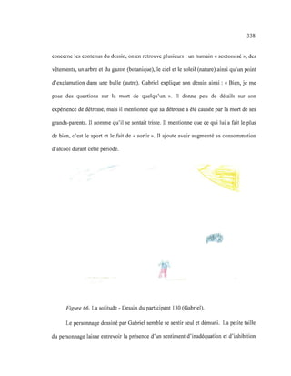 338
concerne les contenus du dessin, on en retrouve plusieurs: un humain «scotomisé », des
vêtements, un arbre et du gazon (botanique), le ciel et le soleil (nature) ainsi qu'un point
d'exclamation dans une bulle (autre). Gabriel explique son dessin ainsi: « Bien, je me
pose des questions sur la mort de quelqu'un.». Il donne peu de détails sur son
expérience de détresse, mais il mentionne que sa détresse a été causée par la mort de ses
grands-parents. Il nomme qu'il se sentait triste. Il mentionne que ce qui lui a fait le plus
de bien, c'est le sport et le fait de « sortir ». Il ajoute avoir augmenté sa consommation
d'alcool durant cette période.
Figure 66. La solitude - Dessin du participant 130 (Gabriel).
Le personnage dessiné par Gabriel semble se sentir seul et démuni. La petite taille
du personnage laisse entrevoir la présence d'un sentiment d'inadéquation et d'inhibition
 