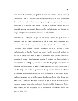 341
sent, choisit de représenter un symbole illustrant une demande d'aide. Ainsi, il
communique l'idée qu'il va rechercher l'aide de son réseau social lorsqu'il se sent en
détresse. Par contre, les traits faiblement appuyés suggèrent la présence d'un manque
d'assurance et de timidité chez Martin. La bouée de sauvetage pourrait donc être
interprétée comme une demande d'aide formulée par l'adolescent afin d'obtenir de
l'appui par rapport à une situation difficile qu'il vit présentement.
La turbulence. Le participant 160, que l'on prénommera François, est âgé de 18 ans et
deux mois. Il est né à l'extérieur du Canada, en Asie. Il vit avec ses deux parents et il est
le deuxième d'une famille de deux enfants (a un frère aîné). Ses deux parents détiennent
l'équivalent d'un diplôme d'études secondaire ou d'un diplôme d'études
professionnelles. À l'école, François n'a jamais redoublé d'année. Il obtient une
moyenne le situant entre 80 % et 89 %. Il participe à deux activités parascolaires
auxquelles il consacre deux heures par semaine. Il n'occupe pas d'emploi. Selon le
résultat obtenu à l'IDPSQ-14, François se situe dans le groupe «haut niveau de
détresse ». Il obtient un score de 0 à la Dep-Ado, indiquant ainsi qu'il ne consomme ni
alcool ni drogue. Son résultat au questionnaire A-Ang, mesurant le niveau de colère, se
retrouve dans la moyenne de l'échantillon. François mentionne ne pas pouvoir compter
sur beaucoup de gens pour se confier ou pour résoudre un problème (mère, frère et amis
à l'occasion). Cependant, pour avoir du plaisir, il peut se tourner vers davantage de
personnes (parents, frère, amis, enseignant). Il se dit attaché à six personnes dont sa
mère, son frère, des amis et son père. Il se dit moyennement satisfait de sa relation avec
son frère et son père.
 