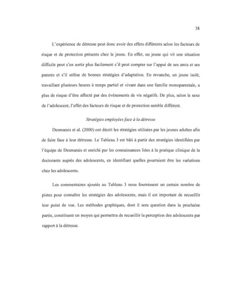 38
L'expérience de détresse peut donc avoir des effets différents selon les facteurs de
risque et de protection présents chez le jeune. En effet, un jeune qui vit une situation
difficile peut s'en sortir plus facilement s'il peut compter sur l'appui de ses amis et ses
parents et s'il utilise de bonnes stratégies d'adaptation. En revanche, un jeune isolé,
travaillant plusieurs heures à temps partiel et vivant dans une famille monoparentale, a
plus de risque d'être affecté par des événements de vie négatifs. De plus, selon le sexe
de l'adolescent, l'effet des facteurs de risque et de protection semble différent.
Stratégies employées face à la détresse
Desmarais et al. (2000) ont décrit les stratégies utilisées par les jeunes adultes afin
de faire face à leur détresse. Le Tableau 3 est bâti à partir des stratégies identifiées par
l'équipe de Desmarais et enrichi par les connaissances liées à la pratique clinique de la
doctorante auprès des adolescents, en identifiant quelles pourraient être les variations
chez les adolescents.
Les commentaires ajoutés au Tableau 3 nous fournissent un certain nombre de
pistes pour connaître les stratégies des adolescents, mais il est important de recueillir
leur point de vue. Les méthodes graphiques, dont il sera question dans la prochaine
partie, constituent un moyen qui permettra de recueillir la perception des adolescents par
rapport à la détresse.
 