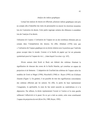 43
Analyse des indices graphiques
Lorsqu'une analyse de dessin est effectuée, plusieurs indices graphiques sont pris
en compte afin d'identifier des traits de personnalité ou encore les émotions ressenties
lors de l'exécution du dessin. Cette partie regroupe certains des éléments à considérer
lors de l'analyse d'un dessin.
Utilisation de l 'espace. L'utilisation de l'espace est un des nombreux éléments pris en
compte dans l'interprétation des dessins. En effet, Abraham (1976) note que
« l'utilisation de l'espace graphique est en étroite relation avec la position que l'individu
pense occuper dans le monde. Comme si la feuille de papier qui lui est présentée
symbolisait pour lui l'espace de vie (...) dans lequel il se situe» (p. 167).
Divers auteurs dont Koch et Buck ont élaboré des schémas illustrant la
signification de chacune des zones de la feuille blanche, qui constitue un espace de
projection et de fantasme. L'adaptation de Couillard des schémas de l'espace selon les
modèles de Crotti et Magni (1996), Mucchielli (1960) et Royer (1995) est d'ailleurs
illustrée (Figure 1). En général, il est possible de tirer des significations concordantes
des schémas effectués par les auteurs. En effet, la partie du haut représenterait
l'imaginaire, la spiritualité, la zone du bas serait associée au matérialisme et à la
dépression. Par ailleurs, la droite représenterait l'avenir et l'action et la zone gauche
refléterait l'affectivité et le passé. En ce qui a trait au centre, cette zone constituerait
l'espace de projection du moi (Kim-Chi, 1989; Royer, 1995)
 
