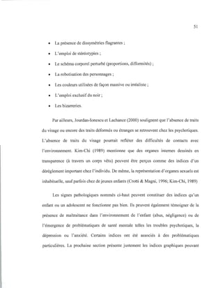 51
• La présence de dissymétries flagrantes ;
• L'emploi de stéréotypies ;
• Le schéma corporel perturbé (proportions, difformités) ;
• La robotisation des personnages;
• Les couleurs utilisées de façon massive ou irréaliste ;
• L'emploi exclusifdu noir ;
• Les bizarreries.
Par ailleurs, Jourdan-Ionescu et Lachance (2000) soulignent que l'absence de traits
du visage ou encore des traits déformés ou étranges se retrouvent chez les psychotiques.
L'absence de traits du visage pourrait refléter des difficultés de contacts avec
l'environnement. Kim-Chi (1989) mentionne que des organes internes dessinés en
transparence (à travers un corps vêtu) peuvent être perçus comme des indices d'un
dérèglement important chez l'individu. De même, la représentation d'organes sexuels est
inhabituelle, sauf parfois chez de jeunes enfants (Crotti & Magni, 1996; Kim-Chi, 1989)
Les signes pathologiques nommés ci-haut peuvent constituer des indices qu'un
enfant ou un adolescent ne fonctionne pas bien. Ils peuvent également témoigner de la
présence de maltraitance dans l'environnement de l'enfant (abus, négligence) ou de
l'émergence de problématiques de santé mentale telles les troubles psychotiques, la
dépression ou l'anxiété. Certains indices ont été associés à des problématiques
particulières. La prochaine section présente justement les indices graphiques pouvant
 