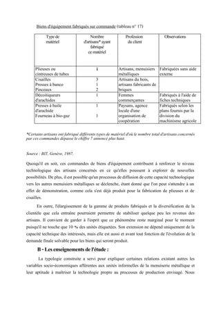 Type de Nombre Profession Observations
matériel d'artisans* ayant du client
fabriqué
ce matériel
Plieuses ou i Artisans, menuisiers Fabriquées sans aide
cintreuses de tubes métalliques externe
Cisailles 3 Artisans du bois,
Presses à banco 1 artisans fabricants de
Pinceaux 2 briques
Décoitiqueurs 1 Femmes Fabriqués à l'aide de
d'arachides commerçantes fiches techniques
Presses à huile 1 Paysans, agence Fabriqués selon les
d'arachide locale d'une plans fournis par la
Fourneau à bio-gaz 1 organisation de division du
coopération machinisme agricole
Biens d'équipement fabriqués sur commande (tableau n° 17)
*Certains artisans ont fabriqué différents types de matériel d'où le nombre total d'artisans concernés
par ces commandes dépasse le chiffre 7 annoncé plus haut.
Source : BIT, Genève, 1987.
Quoiqu'il en soit, ces commandes de biens d'équipement contribuent à renforcer le niveau
technologique des artisans concernés en ce qu'elles poussent à explorer de nouvelles
possibilités.Deplus, ilestpossiblequ'unprocessusdediffusiondecettecapacitétechnologique
vers les autres menuisiers métalliques se déclenche, étant donné que l'on peut s'attendre à un
effet de démonstration, comme cela s'est déjà produit pour la fabrication de plieuses et de
cisailles.
En outre, l'élargissement de la gamme de produits fabriqués et la diversification de la
clientèle que cela entraîne pourraient permettre de stabiliser quelque peu les revenus des
artisans. Il convient de garder à l'esprit que ce phénomène reste marginal pour le moment
puisqu'il ne touche que 10 % des unités étiquetées. Son extension ne dépend uniquement de la
capacité technique des intéressés, mais elle est aussi et avant tout fonction de l'évolution de la
demande finale solvable pour les biens qui seront produit.
B-Lesenseignementsdel'étude:
La typologie construite a servi pour expliquer certaines relations existant autres les
variables socio-économiques afférentes aux unités informelles de la menuiserie métallique et
leur aptitude à maîtriser la technologie propre au processus de production envisagé. Nous
 