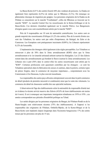 La Basse-Kotto (6,9 % des unités) fournit 44% des vendeurs de poissons. La Ouaka est
également bien représentée (6,5%) de même que le Mbomou (5,1%). On remarque un
phénomène classique de migration par grappes. Les personnes originaires de la Ouaka ou de
l'Ouhan se concentrent sur le marché "Combattant", celles du Mbomou se trouvent sur le
marché "KM5". Le marché Central fixe les ressortissants de la Kémo-Gribingui et de la
Basse-Kotto. Ces derniers s'installent également sur le marché Pétévo. Les Banguissois
d'origine quant à eux sont essentiellement attirés par le marché "KM5".
Près de 9 responsables sur 10 sont de nationalité centrafricaine. Les autres sont en
grande majorité des ressortissants d'Afrique (11,2% des unités). Plus de la moitié d'entre eux
sont des Tchadiens, les autres sont par ordre d'importance, du Sénégal, du Zaïre et du
Cameroun. Les Européens sont pratiquement inexistants (0,08%), les Libanais représentent
0,12% de l'ensemble.
L'implantation des étrangers obéit également à des règles perceptibles. Les Tchadiens se
retrouvent à plus de 50% dans le 3ème arrondissement (KM5) alors que le 5ème
arrondissement et le 1er (marché artisanal) attirent surtout les Sénégalais. Les 2/3 des Zaïrois
restent dans des arrondissements qui bordent le fleuve (surtout le 2ème arrondissement). Les
Libanais mis à part (56% dans le centre-ville) les autres ressortissants sont attirés par le
"KM5". Certaines professions sont quasiment contrôlées par les étrangers : ce sont les
Tchadiens spécialisés dans la fabrication de caisses et cantines, dans la poterie, certains types
de pièces forgées, dans le commerce de moyenne importance..., conjointement avec les
Camerounais et les Haoussas, le plus souvent musulmans.
Les responsables des autres pays africains entreprennent souvent dans le petit commerce
de détail (produits de première nécessité et condiments) ainsi que la vente des vêtements. Le
commerce de détail de chaussures semble être une spécialité malienne.
L'observation de l'âge des établissements selon la nationalité du responsable d'unité met
en évidence la récente arrivée massive des Zaïrois (43,8% de leurs établissements ont moins
de 6 mois). Il est à remarquer une importante immigration tchadienne en 1970 et 1976 ; ces
années correspondent aux périodes d'instabilité politique au Tchad.
Les unités dirigées par les personnes originaires de Bangui, de l'Ouham-Pendé ou de la
Haute-Sangha sont relativement récentes (75% des établissements). A l'opposé si les
responsables des originaires de l'Ouham, Ombella-Mpoko, de la Kemo-Ibingui et de la
Basse-Kotto sont implantés depuis longtemps dans l'économie banguissoise 17% des unités
tenues par les personnes ont plus de 15 ans.
 