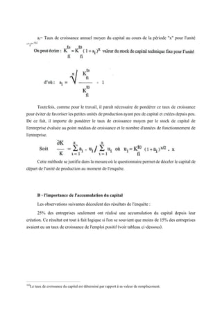 ai= Taux de croissance annuel moyen du capital au cours de la période "x" pour l'unité
‘’i’’162
Toutefois, comme pour le travail, il paraît nécessaire de pondérer ce taux de croissance
pouréviterdefavoriserlespetitesunitésdeproductionayantpeu decapitaletcrééesdepuispeu.
De ce fait, il importe de pondérer le taux de croissance moyen par le stock de capital de
l'entreprise évaluée au point médian de croissance et le nombre d'années de fonctionnement de
l'entreprise.
Cetteméthodesejustifiedanslamesureoùlequestionnairepermetdedécelerlecapitalde
départ de l'unité de production au moment de l'enquête.
B - l'importance de l'accumulation du capital
Les observations suivantes découlent des résultats de l'enquête :
25% des entreprises seulement ont réalisé une accumulation du capital depuis leur
création. Ce résultat est tout à fait logique si l'on se souvient que moins de 15% des entreprises
avaient eu un taux de croissance de l'emploi positif (voir tableau ci-dessous).
162
Le taux de croissance du capital est déterminé par rapport à sa valeur de remplacement.
 