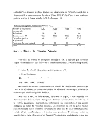 a atteint 22% en deux ans, et elle est d'autant plus préoccupante que l'effectif scolarisé dans le
fondamental 1 a encore augmenté de près de 9% en 1989. L'effectif moyen par enseignant
atteint le seuil de 90 élèves, soit plus de 30 de plus qu'en 1987.
Une baisse du nombre des enseignants amorcée en 1987 et accélérée par l'opération
"départ volontaire assisté" a été freinée par la formation annuelle de 250 instituteurs pendant 3
ans.
Évolution des effectifs élèves et enseignants (graphique n°4)
-«-Elèves Enseignants
1986 1987 1988 1989 1990
On constate par ailleurs l'accroissement des effectifs de l'enseignement secondaire (+
146% en un an) et le taux de scolarisation très bas des différentes classes d'âge. Cette situation
est encore plus inquiétante pour les provinces.
Dans tout le pays, les infrastructures, déficientes au départ, se sont dégradées ces
dernières années. Il faut ajouter à cela la pénurie d'articles essentiels, livres, matériels, etc., et
un contrôle pédagogique insuffisant, une information, une planification et une gestion
inadéquate du budget de l'éducation nationale. Les instituteurs ne sont pas payés pendant
plusieursmois;lesclassessetiennentsouventenpleinairoudansdessallessurpeupléesetmal
équipées ; l'écart entre les régions et la capitale va en grandissant. De nombreux enfants ne
savent ni lire, ni écrire même après avoir fréquentél'école primairependant quatte ou cinq ans.
Nombre d'enseignants
permanents
86/87 87/88 88/89 89/90
Préscolaire 19 14 8 14
Enseignement Fl 4 544 4 563 4 067 3 581
Secondaire général nd 991 843 1 149
+ technique
Supérieur (hors vacataires) nd 90 79 nd
Total 4 563 5 658 4 997 4 744
Nombre d'enseignants permanents (tableau n°55)
Source : Ministère de l'Éducation Nationale,
Centrafrique 1990.
 