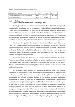 Budget éducation nationale 1987 1988 1989
Education Nationale Part.Educ.Nation.
sur budget nationale
8 423
23,50 %
8 227
21,70 %
809713 %
Budget de l'éducation nationale (tableau n°57)
Unité : Millions de
FCFA.
Source : Ministère des Finances, Centrafrique.1990.
Il suffit, pour illustrer ce que nous venons d'énoncer, de se référer à la pratique de la
programmation annuelle qui était au cœur de notre système éducatif jusqu'à l'indépendance.
Depuisqu'elleaété abandonnée,c'estledésordreetl'improvisation.Seloncettepratique,surla
base des statistiques scolaires, une parfaite concordance était établie annuellement entre les
bâtiments scolaires, le mobilier, les fournitures, les manuels et le personnel. Les "programmes
d'extensionoudenormalisation",commeonlesappelait,nelaissaientplaceàaucunesurpriseà
la rentrée scolaire. Tout était parfaitement réglé d'avance, tant au niveau régional que national.
Par ailleurs, la répartition des charges se faisait équitablement entre l'État et les
collectivitéslocales.Uneautremesurequipermettaitl'allégementdesdépensesdel'Étatétaitla
réglementationgénéralequiluttaitcontrelesredoublementsabusifs,lesgoulotsd'étranglement
en fin de cycle. Grâce à une législation efficace, un combat était mené contre ce que nous
connaissons aujourd'hui, à savoir un système lourd, congestionné, grippé à tous les niveaux ;
véritable gouffre pour le budget national.
Un système éducatif doit être fluide. Les passages d'une classe à l'autre, d'un cycle à
l'autre, doivent se faire avec souplesse et facilité suivant une planification bien mise au point.
L'articulation enu*e le primaire, le secondaire, le technique et le supérieur ne doit souffrir
d'aucunecontrainteextérieureausystème,particulièrementauniveaudedeuxseuilsquisontla
sixième et la terminale.
Des sorties de secours devraient être aménagées à différents paliers afin d'orienter
certainsverslescircuitsproductifs.Lesproblèmesmajeursqu'a àrésoudrelaCentrafriquedans
le domaine éducatif sont bien connus ; taux élevé de l'analphabétisme chez les adultes,
augmentation des effectifs scolaires résultant de la demande croissante d'éducation,
augmentation du nombre de jeunes qui, au sortir de l'école, ne peuvent pas s'insérer dans le
système économique, pénurie d'enseignants, etc. L'une des tâches les plus urgentes du pays est
dedévelopperles moyensd'instruction etdeformationdes jeunes etdes adultes.Pour atteindre
un public beaucoup plus large avec ces ressources, il faudra perfectionner et recycler les
enseignants, ainsi que d'autres travailleurs, sans les arracher à leurlieu de travail. Il faudra tirer
un meilleur partie des locaux et équipements disponibles et assurer un partage plus équitable
desinstallations,descompétencesetdesmatériaux,si l'onveutmaintenirlecoûtdel'éducation
à un niveau à peu près stable par rapport aux autres dépenses qu'exige le développement.
 