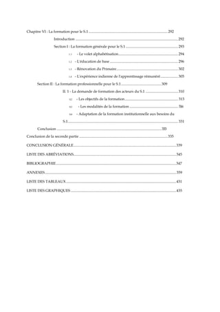 Chapitre VI : La formation pour le S.1.....................................................................................292
Introduction ..............................................................................................................292
Section I : La formation générale pour le S.1 ........................................................293
1.1 - Le volet alphabétisation................................................................294
1.2 - L'éducation de base .........................................................................296
1.3 - Rénovation du Primaire..................................................................302
1.4 - L'expérience indienne de l'apprentissage rémunéré...................305
Section II : La formation professionnelle pour le S.1...........................................309
II. 1 - La demande de formation des acteurs du S.1 ...................................310
11.2 - Les objectifs de la formation......................................................... 313
11.3 - Les modalités de la formation .................................................... 316
11.4 - Adaptation de la formation institutionnelle aux besoins du
S.1...................................................................................................................... 331
Conclusion ................................................................................................................333
Conclusion de la seconde partie ...............................................................................................335
CONCLUSION GÉNÉRALE..............................................................................................................339
LISTE DES ABRÉVIATIONS..............................................................................................................345
BIBLIOGRAPHIE.................................................................................................................................347
ANNEXES.............................................................................................................................................359
LISTE DES TABLEAUX......................................................................................................................431
LISTE DES GRAPHIQUES .................................................................................................................435
 