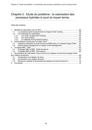 Chapitre 2 : Etude du problème : la valorisation des processus hybrides à court et moyen terme
49
Chapitre 2 : Etude du problème : la valorisation des
processus hybrides à court et moyen terme.
Table des matières
1 Modèle de valorisation pour le SCC ..............................................................................50
1.2.1 Les coûts complets (full Costing).....................................................................54
1.2.2 Les coûts partiels ............................................................................................54
1.2.3 La méthode Activity Based Costing.................................................................55
2 Activity Based Costing pour la supply chain ..................................................................57
3 Couplage ABC - SED....................................................................................................63
4 Structuration de l’information sous la forme d’un tableau de bord de la Supply Chain
pour l’aide à la decision........................................................................................................69
5 Conclusion ....................................................................................................................72
 