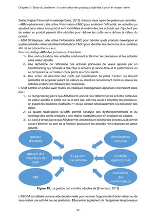 Chapitre 2 : Etude du problème : la valorisation des processus hybrides à court et moyen terme
62
Selon [Kaplan Financial Knowledge Bank, 2012], il existe deux types de gestion par activités :
- ABM opérationnel ; elle utilise l'information d’ABC pour améliorer l'efficacité, les activités qui
ajoutent de la valeur à un produit sont identifiées et améliorées, les activités qui n'ajoutent pas
de valeur au produit peuvent être réduites pour réduire les coûts sans réduire la valeur du
produit.
- ABM Stratégique ; elle utilise l'information ABC pour décider quels produits développer et
quelles activités utiliser et utilise l'information d’ABC pour identifier les clients les plus rentables
afin de se concentrer sur eux.
Pour un pilotage ABM des processus, il faut faire :
1- Une restructuration des activités conduisant à éliminer les processus et les activités
sans valeur ajoutée
2- Une recherche de l’efficience des activités porteuses de valeur ajoutée par un
benchmarking qui consiste à chercher à acquérir le savoir-faire et la performance en
se comparant à un meilleur choix parmi les concurrents.
3- Une action de réduction des coûts par identification de plans d’action qui doivent
permettre de proposer autant de valeurs au client en consommant moins ou mieux les
activités et donc en réduisant les ressources.
L’ABM semble en phase avec toutes les pratiques managériales apparues récemment telles
que :
1- Le reenginnering parce que ABM fournit une clé pour déterminer les activités porteuses
de valeur ajoutée et celles qui ne le sont pas, elle vise aussi à simplifier les processus,
en évitant les doublons d’activités => ce qui conduit nécessairement à la réduction des
coûts.
2- La qualité totale parce qu’ABM permet l’analyse des dysfonctionnements et du
repérage des points critiques d’une chaîne d’activités pour en analyser les causes.
3- Le juste à temps parce que ABM permet une meilleure lisibilité des processus et permet
aussi d’éliminer au sein de la fonction productive les activités non créatrices de valeur
ajoutée.
Figure 19: La gestion par activités adaptée de [Emerland, 2013]
L'ABC/M est utilisée comme aide décisionnelle pour estimer l’opportunité d’externaliser ou de
sous-traiter une activité ou une prestation. Elle permet également de réorganiser les processus
La gestion
par activités
Amélioration
continue
ABC
Analyse des
inducteurs de
coûts
Analyse
d’activité
Evaluation
des
performances
Contrôle
opérationnel
 