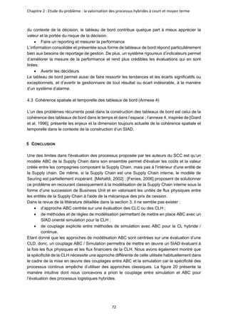 Chapitre 2 : Etude du problème : la valorisation des processus hybrides à court et moyen terme
72
du contexte de la décision, le tableau de bord contribue quelque part à mieux apprécier la
valeur et la portée du risque de la décision.
• Faire un reporting et mesurer la performance
L’information consolidée et présentée sous forme de tableaux de bord répond particulièrement
bien aux besoins de reportage de gestion. De plus, un système rigoureux d’indicateurs permet
d’améliorer la mesure de la performance et rend plus crédibles les évaluations qui en sont
tirées.
• Avertir les décideurs
Le tableau de bord permet aussi de faire ressortir les tendances et les écarts significatifs ou
exceptionnels, et d’avertir le gestionnaire de tout résultat ou écart indésirable, à la manière
d’un système d’alarme.
Cohérence spatiale et temporelle des tableaux de bord (Annexe 4)
L’un des problèmes récurrents posé dans la construction des tableaux de bord est celui de la
cohérence des tableaux de bord dans le temps et dans l’espace ; l’annexe 4, inspirée de [Giard
et al, 1996], présente les enjeux et la dimension toujours actuelle de la cohérence spatiale et
temporelle dans le contexte de la construction d’un SIAD.
5 CONCLUSION
Une des limites dans l'évaluation des processus proposée par les auteurs du SCC est qu’un
modèle ABC de la Supply Chain dans son ensemble permet d'évaluer les coûts et la valeur
créée entre les compagnies composant la Supply Chain, mais pas à l'intérieur d'une entité de
la Supply chain. De même, si la Supply Chain est une Supply Chain interne, le modèle de
Seuring est partiellement inopérant. [Mehafdi, 2002] ; [Fenies, 2006] proposent de solutionner
ce problème en recourant classiquement à la modélisation de la Supply Chain interne sous la
forme d’une succession de Business Unit et en valorisant les unités de flux physiques entre
les entités de la Supply Chain à l'aide de la mécanique des prix de cession.
Dans la revue de la littérature détaillée dans la section 3, il ne semble pas exister :
• d’approche ABC centrée sur une évaluation des CLC ou des CLH ;
• de méthodes et de règles de modélisation permettant de mettre en place ABC avec un
SIAD orienté simulation pour la CLH ;
• de couplage explicite entre méthodes de simulation avec ABC pour la CL hybride /
continue.
Etant donné que les approches de modélisation ABC sont centrées sur une évaluation d’une
CLD, donc, un couplage ABC / Simulation permettra de mettre en œuvre un SIAD évaluant à
la fois les flux physiques et les flux financiers de la CLH. Nous avons également montré que
la spécificité de la CLH nécessite une approche différente de celle utilisée habituellement dans
le cadre de la mise en œuvre des couplages entre ABC et la simulation car la spécificité des
processus continus empêche d’utiliser des approches classiques. La figure 20 présente la
manière intuitive dont nous concevons a priori le couplage entre simulation et ABC pour
l’évaluation des processus logistiques hybrides.
 