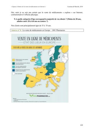 « Enjeux et limites de la vente de médicaments sur Internet » Cazamea & Marcille, 2014
xiii
Oui, mais je ne suis pas certain que la vente de médicaments « explose » sur Internet,
contrairement à l’officine physique.
9-A quelle catégorie d’âge correspond la majorité de vos clients ? (Moins de 20 ans,
adultes entre 20 et 64 ans ou seniors ?)
Nos clients sont principalement âgés de 35 à 55 ans.
Annexe n° 8 : La vente de médicaments en Europe – 1001 Pharmacies
 