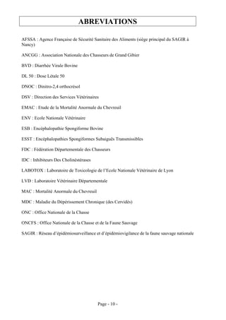 ABREVIATIONS

AFSSA : Agence Française de Sécurité Sanitaire des Aliments (siège principal du SAGIR à
Nancy)

ANCGG : Association Nationale des Chasseurs de Grand Gibier

BVD : Diarrhée Virale Bovine

DL 50 : Dose Létale 50

DNOC : Dinitro-2,4 orthocrésol

DSV : Direction des Services Vétérinaires

EMAC : Etude de la Mortalité Anormale du Chevreuil

ENV : Ecole Nationale Vétérinaire

ESB : Encéphalopathie Spongiforme Bovine

ESST : Encéphalopathies Spongiformes Subaiguës Transmissibles

FDC : Fédération Départementale des Chasseurs

IDC : Inhibiteurs Des Cholinéstérases

LABOTOX : Laboratoire de Toxicologie de l’Ecole Nationale Vétérinaire de Lyon

LVD : Laboratoire Vétérinaire Départementale

MAC : Mortalité Anormale du Chevreuil

MDC : Maladie du Dépérissement Chronique (des Cervidés)

ONC : Office Nationale de la Chasse

ONCFS : Office Nationale de la Chasse et de la Faune Sauvage

SAGIR : Réseau d’épidémiosurveillance et d’épidémiovigilance de la faune sauvage nationale




                                        Page - 10 -
 