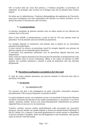 Elle se localise dans des zones bien précises, à l’intérieur desquelles sa prévalence est
importante. Sa principale zone d’action est la Sologne mais elle est présente dans d’autres
régions.

De même que la céphénémyiose, l’explosion démographique des populations de Chevreuils,
ayant pour conséquence une forte augmentation des densités sur certains territoires, est un
facteur favorisant à l’extension du varon en France.


           3- Le polyparasitisme

La présence simultanée de plusieurs parasites chez un même animal est une affection très
courante chez le Chevreuil.

Dans la base SAGIR, le polyparasitisme a causé la mort de 35% des animaux morts de
parasitoses. Il est la première cause de mortalité par parasitisme.

Les strongles digestifs et respiratoires sont présents dans la plupart de ces associations
parasitaires polyspécifiques.
Le plus souvent, on retrouve un parasitisme massif de strongles digestifs avec présence de
plusieurs espèces de ces nématodes gastro-intestinaux.
L’association d’un parasitisme pulmonaire avec un parasitisme digestif intervient aussi
fréquemment.
Enfin, toutes les espèces parasitaires du Chevreuil peuvent participer au polyparasitisme à des
degrés variables selon le niveau d’infestation. Même si une espèce est présente en faible
quantité, elle contribue néanmoins à alourdir le poids du parasitisme chez des individus
polyparasités.



         B- Parasitoses pathogènes secondaires du Chevreuil
Il s’agit des autres maladies parasitaires qui peuvent atteindre le Chevreuil mais dont la
prévalence reste faible

           1- Les mycoses

                   a- Les aspergilloses (40)

Ces mycoses sont dues à des champignons du genre Aspergillus (Aspergillus fumigatus
principalement). Elles sont peu fréquentes et rarement mortelles.

Les spores pénètrent soit par voie respiratoire soit par voie intestinale et forment des filaments
mycéliens constituant des placards ou des nodules granulomateux (« mycétomes ») sur divers
organes : poumons, trachée, cerveau, rein, utérus principalement. Généralement, les animaux
supportent bien ces mycoses et n’en meurent pas.

Toutefois, certaines mycoses nasales, particulièrement celles provoquées par Aspergillus
fumigatus, peuvent prendre une grande ampleur et former des pseudo-tumeurs déformant la
tête de l’animal. Ces « tumeurs » concernent généralement les cornets naseaux et ethmoïdaux
et peuvent atteindre l’encéphale. Selon leur développement et leur localisation, elles peuvent
causer la mort de l’individu malade.


                                          Page - 118 -
 