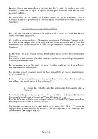 D’autres plantes sont potentiellement toxiques pour le Chevreuil. Par analogie aux petits
ruminants domestiques, La figure 36 reprend les principales plantes toxiques pour les petits
ruminants en France.

Les intoxications par les végétaux, qu’ils soient naturels ou cultivés, restent rares chez le
Chevreuil. En effet, le gibier vivant à l’état sauvage se détourne instinctivement des plantes
vénéneuses.


           2- Les intoxications par les pesticides agricoles

Les pesticides agricoles ont largement été employés ces dernières décennies pour la lutte
contre les nuisibles des cultures.

Ces produits se sont montrés très efficaces dans leur domaine d’utilisation. En contre partie,
ils se sont avérés toxiques voire même dangereux pour l’environnement et pour la faune. Les
nombreuses intoxications concernant la faune sauvage voire même l’homme sont là pour en
témoigner.


Le Chevreuil a été et est toujours victime de l’utilisation de ces produits phytosanitaires par
l’homme.
Les animaux s’intoxiquent en général en absorbant des aliments contaminés par ces produits
dans différentes circonstances.

Les intoxications peuvent faire suite à un usage normal du produit ou bien à une utilisation
non-conforme à son homologation.

Les animaux peuvent également ingérer de façon accidentelle ces produits phytosanitaires
(erreurs de stockage…).

Enfin, il existe des intoxications criminelles c’est-à-dire des intoxications dues à un acte de
malveillance ou à une dérivation de leur utilisation (52).


                  a- Nature des pesticides agricoles responsables d’intoxication chez le
                  Chevreuil

Pour énumérer les principaux toxiques rencontrés, nous allons nous baser sur les résultats
fournis par le laboratoire de toxicologie de l’Ecole Vétérinaire de Lyon.
En effet, il s’agit du seul laboratoire agrée par le réseau SAGIR et l’ONCFS pour les analyses
toxicologiques des cadavres d’animaux sauvages.

Un bilan des intoxications du Chevreuil réalisé sur six années (de 1992 à 1997) permet de
dégager deux grandes familles de pesticides : les anticoagulants et les inhibiteurs des
cholinestérases (IDC) (figure 36) (52).




                                         Page - 140 -
 