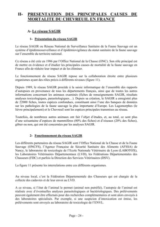 II-    PRESENTATION DES PRINCIPALES CAUSES DE
         MORTALITE DU CHEVREUIL EN FRANCE

         A- Le réseau SAGIR

           1- Présentation du réseau SAGIR

Le réseau SAGIR ou Réseau National de Surveillance Sanitaire de la Faune Sauvage est un
système d’épidémiosurveillance et d’épidémiovigilance du statut sanitaire de la faune sauvage
sur l’ensemble du territoire national.

Ce réseau a été crée en 1986 par l’Office National de la Chasse (ONC). Son rôle principal est
de mettre en évidence et d’étudier les principales causes de mortalité de la faune sauvage en
France afin de réduire leur impact et de les éliminer.

Le fonctionnement du réseau SAGIR repose sur la collaboration étroite entre plusieurs
organismes ayant des rôles précis à différents niveaux (figure 11).

Depuis 1989, le réseau SAGIR procède à la saisie informatique de l’ensemble des rapports
d’autopsies en provenance de tous les départements français, ainsi que de toutes les autres
informations concernant les animaux examinés (fiches de renseignements SAGIR, résultats
analyses toxicologiques, parasitologiques…). Depuis sa création, le SAGIR a enregistré plus
de 22000 fiches, toutes espèces confondues, constituant ainsi l’une des banques de données
sur les pathologies de la faune sauvage la plus importante d’Europe. Les Lagomorphes (le
lièvre principalement) et le Chevreuil sont les espèces principales transmises au réseau.

Toutefois, de nombreux autres animaux ont fait l’objet d’études, et, au total, ce sont plus
d’une soixantaine d’espèces de mammifères (80% des fiches) et d’oiseaux (20% des fiches),
gibier ou non, qui ont été concernées par les analyses SAGIR.


           2- Fonctionnement du réseau SAGIR

Les différents partenaires du réseau SAGIR sont l’Office National de la Chasse et de la Faune
Sauvage (ONCFS), l’Agence Française de Sécurité Sanitaire des Aliments (AFSSA) de
Nancy, le laboratoire de toxicologie de l’Ecole Nationale Vétérinaire de Lyon (LABOTOX),
les Laboratoires Vétérinaires Départementaux (LVD), les Fédérations Départementales des
Chasseurs (FDC) et parfois la Direction des Services Vétérinaires (DSV).

La figure 11 présente les interrelations entre ces différents organismes.


Au niveau local, c’est la Fédération Départementale des Chasseurs qui est chargée de la
collecte des cadavres et de leur envoi au LVD.

A ce niveau, si l’état de l’animal le permet (animal non putréfié), l’autopsie de l’animal est
réalisée avec d’éventuelles analyses parasitologiques et bactériologiques. Des prélèvements
peuvent également être effectués pour des recherches complémentaires et sont alors envoyés à
des laboratoires spécialisés. Par exemple, si une suspicion d’intoxication est émise, les
prélèvements sont envoyés au laboratoire de toxicologie de l’ENVL.



                                           Page - 24 -
 