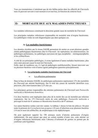 Tous ces traumatismes n’entraînent que de très faibles pertes dans les effectifs de Chevreuils
mais ils peuvent survenir à tout moment et en tout lieu, en fonction du contexte local.




 II-      MORTALITE DUE AUX MALADIES INFECTIEUSES

Les maladies infectieuses constituent la deuxième grande cause de mortalité du Chevreuil.

Les principales maladies infectieuses responsables de mortalité sont d’origine bactérienne.
Les pathologies virales ne sont diagnostiquées que dans quelques cas.


           A- Les maladies bactériennes
Les données récoltées par le réseau SAGIR permettent de mettre en avant plusieurs grandes
entités pathologiques bactériennes chez le Chevreuil : les septicémies, les entérotoxémies, les
pathologies pulmonaires, les pathologies nerveuses de type encéphalite – méningoencéphalite
et les colibacilloses.

A côté de ces principales pathologies, il existe également d’autres maladies bactériennes, plus
rares mais pouvant causer la mort de Chevreuils.
Enfin, dans de nombreux cas, il s’agit de pathologies multifactorielles, faisant intervenir une
ou plusieurs bactéries voire d’autres agents pathogènes (parasites principalement).

              1- Les principales maladies bactériennes du Chevreuil

                   a-     Les affections pulmonaires

Dans la base de données SAGIR, les pathologies pulmonaires représentent 13% des mortalités
du Chevreuil par atteinte bactérienne. Sur le total des causes de mortalité identifiées avec
précision, elles interviennent dans 3,2% des cas.

Les principaux germes responsables des atteintes pulmonaires du Chevreuil sont Pasteurella
multocida et Mannheimia hemolitica.

Ces deux bactéries sont impliquées dans plus de la moitié des cas de mortalité par infection
respiratoire. Sur les 173 Chevreuils morts de cette pathologie, Pasteurella multocida a
provoqué la mort de 41 animaux et Mannheimia hemolitica de 67 animaux.

Les autres bactéries isolées sont très variées. Le tableau 1 dresse la liste de celles-ci. On peut
noter la présence de Corynebacterium pyogenes (18 cas), d’infections avec plusieurs bactéries
(14 cas) et aussi de colibacilles, de streptocoques et de staphylocoques.

On peut également rappeler les 190 animaux morts d’atteinte pulmonaire d’origine
indéterminée. On peut penser que pour un certain nombre d’entre eux, cette atteinte est
d’origine infectieuse bactérienne mais l’absence d’isolement de germes ne permet pas de
confirmer cette hypothèse.



                                           Page - 59 -
 