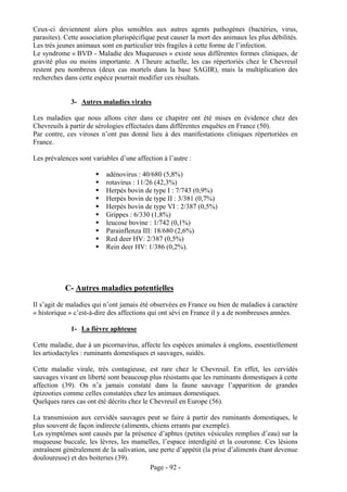 Ceux-ci deviennent alors plus sensibles aux autres agents pathogènes (bactéries, virus,
parasites). Cette association plurispécifique peut causer la mort des animaux les plus débilités.
Les très jeunes animaux sont en particulier très fragiles à cette forme de l’infection.
Le syndrome « BVD - Maladie des Muqueuses » existe sous différentes formes cliniques, de
gravité plus ou moins importante. A l’heure actuelle, les cas répertoriés chez le Chevreuil
restent peu nombreux (deux cas mortels dans la base SAGIR), mais la multiplication des
recherches dans cette espèce pourrait modifier ces résultats.


             3- Autres maladies virales

Les maladies que nous allons citer dans ce chapitre ont été mises en évidence chez des
Chevreuils à partir de sérologies effectuées dans différentes enquêtes en France (50).
Par contre, ces viroses n’ont pas donné lieu à des manifestations cliniques répertoriées en
France.

Les prévalences sont variables d’une affection à l’autre :

                          adénovirus : 40/680 (5,8%)
                          rotavirus : 11/26 (42,3%)
                          Herpès bovin de type I : 7/743 (0,9%)
                          Herpès bovin de type II : 3/381 (0,7%)
                          Herpès bovin de type VI : 2/387 (0,5%)
                          Grippes : 6/330 (1,8%)
                          leucose bovine : 1/742 (0,1%)
                          Parainflenza III: 18/680 (2,6%)
                          Red deer HV: 2/387 (0,5%)
                          Rein deer HV: 1/386 (0,2%).




           C- Autres maladies potentielles
Il s’agit de maladies qui n’ont jamais été observées en France ou bien de maladies à caractère
« historique » c’est-à-dire des affections qui ont sévi en France il y a de nombreuses années.

             1- La fièvre aphteuse

Cette maladie, due à un picornavirus, affecte les espèces animales à onglons, essentiellement
les artiodactyles : ruminants domestiques et sauvages, suidés.

Cette maladie virale, très contagieuse, est rare chez le Chevreuil. En effet, les cervidés
sauvages vivant en liberté sont beaucoup plus résistants que les ruminants domestiques à cette
affection (39). On n’a jamais constaté dans la faune sauvage l’apparition de grandes
épizooties comme celles constatées chez les animaux domestiques.
Quelques rares cas ont été décrits chez le Chevreuil en Europe (56).

La transmission aux cervidés sauvages peut se faire à partir des ruminants domestiques, le
plus souvent de façon indirecte (aliments, chiens errants par exemple).
Les symptômes sont causés par la présence d’aphtes (petites vésicules remplies d’eau) sur la
muqueuse buccale, les lèvres, les mamelles, l’espace interdigité et la couronne. Ces lésions
entraînent généralement de la salivation, une perte d’appétit (la prise d’aliments étant devenue
douloureuse) et des boiteries (39).
                                          Page - 92 -
 