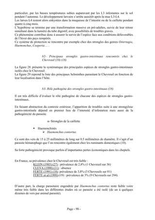 particulier, par les basses températures subies auparavant par les L3 infestantes sur le sol
pendant l’automne. Le développement larvaire s’arrête aussitôt après la mue L3-L4.
Les larves L4 restent alors enkystées dans la muqueuse de l’intestin ou de la caillette pendant
quatre à cinq mois.
L’hypobiose se termine par une transformation massive en pré-adultes, suivie de leur retour
simultané dans la lumière du tube digestif, avec possibilités de troubles graves.
Ce phénomène contribue donc à assurer la survie de l’espèce face aux conditions défavorables
de l’hiver des pays tempérés.
Ce système de protection se rencontre par exemple chez des strongles des genres Ostertagia,
Haemonchus, Cooperia… .


                     b2- Principaux strongles gastro-intestinaux rencontrés chez le
                     Chevreuil (10) (18)

La figure 28 présente la systématique des principales espèces de strongles gastro-intestinaux
isolés chez le Chevreuil.
La figure 29 reprend la liste des principaux helminthes parasitant le Chevreuil en fonction de
leur localisation dans l’hôte.


                     b3- Rôle pathogène des strongles gastro-intestinaux (18)

Il est très difficile d’évaluer le rôle pathogène de chacune des espèces de strongles gastro-
intestinaux.

En faisant abstraction du contexte extérieur, l’apparition de troubles suite à une strongylose
gastro-intestinale dépend en premier lieu de l’intensité d’infestation mais aussi de la
pathogénicité du parasite.

                          α- Strongles de la caillette

                  Haemonchinés
                       Haemonchus contortus

Ce sont des vers de 15 à 25 millimètres de long sur 0.5 millimètres de diamètre. Il s’agit d’un
parasite hématophage que l’on rencontre également chez les ruminants domestiques (10).

Sa forte pathogénicité provoque parfois d’importantes pertes économiques dans les cheptels.


En France, sa prévalence chez le Chevreuil est très faible :
              KLEIN (1985) (27) : prévalence de 2,8% (1 Chevreuil sur 36)
              CLEVA (1990) (11) : absence
              FERTE (1991) (18): prévalence de 3,8% (3 Chevreuils sur 81)
              FERTE et al (1999) (19) : prévalence de 3% (9 Chevreuils sur 294).


D’autre part, la charge parasitaire engendrée par Haemonchus contortus reste faible voire
même très faible dans les différentes études où ce parasite a été isolé (de un à quelques
dizaines de vers par animal parasité).




                                          Page - 98 -
 