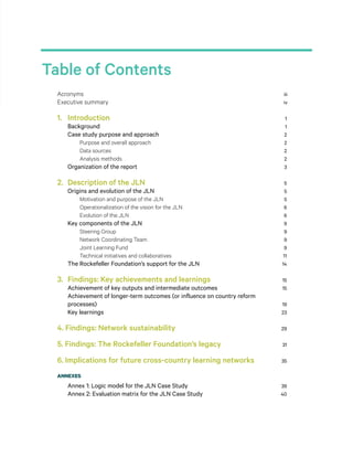 Table of Contents
Acronyms	 iii
Executive summary	 iv
1. 	 Introduction	 1
Background	 1
Case study purpose and approach	 2
Purpose and overall approach	 2
Data sources	 2
Analysis methods	 2
Organization of the report	 3
2. 	Description of the JLN	 5
Origins and evolution of the JLN	 5
Motivation and purpose of the JLN	 5
Operationalization of the vision for the JLN	 6
Evolution of the JLN	 6
Key components of the JLN	 9
Steering Group	 9
Network Coordinating Team	 9
Joint Learning Fund	 9
Technical initiatives and collaboratives	 11
The Rockefeller Foundation’s support for the JLN	 14
3. 	Findings: Key achievements and learnings	 15
Achievement of key outputs and intermediate outcomes	 15
Achievement of longer-term outcomes (or influence on country reform
processes)	 19
Key learnings	 23
4. Findings: Network sustainability	 29
5. Findings: The Rockefeller Foundation’s legacy	 31
6. Implications for future cross-country learning networks	 35
ANNEXES
Annex 1: Logic model for the JLN Case Study	 39
Annex 2: Evaluation matrix for the JLN Case Study	 40
 