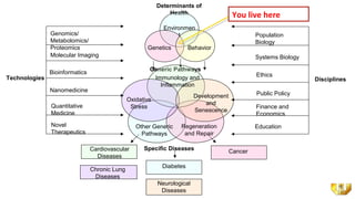 Determinants of
                                                               Health                    You live here
                                                             Environmen
               Genomics/                                          t                              Population
               Metabolomics/                                                                     Biology
               Proteomics                             Genetics         Behavior
               Molecular Imaging                                                                 Systems Biology

                                                       Generic Pathways
               Bioinformatics                                                                    Ethics
Technologies                                            Immunology and                                             Disciplines
                                                          Inflammation
               Nanomedicine
                                                                          Development            Public Policy
                                               Oxidative
               Quantitative                                                   and
                                                Stress                                           Finance and
                                                                          Senescence
               Medicine                                                                          Economics
               Novel                              Other Generic    Regeneration                  Education
               Therapeutics                         Pathways        and Repair

                                Cardiovascular       Specific Diseases                  Cancer
                                  Diseases
                                                            Diabetes
                                Chronic Lung
                                 Diseases
                                                           Neurological
                                                            Diseases
 
