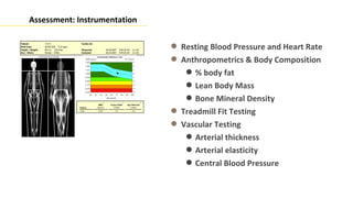 Assessment: Instrumentation


                               Resting Blood Pressure and Heart Rate
                               Anthropometrics & Body Composition
                                  % body fat
                                  Lean Body Mass
                                  Bone Mineral Density
                               Treadmill Fit Testing
                               Vascular Testing
                                  Arterial thickness
                                  Arterial elasticity
                                  Central Blood Pressure
 