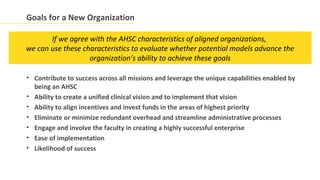 Goals for a New Organization

       If we agree with the AHSC characteristics of aligned organizations,
we can use these characteristics to evaluate whether potential models advance the
                   organization’s ability to achieve these goals

• Contribute to success across all missions and leverage the unique capabilities enabled by
  being an AHSC
• Ability to create a unified clinical vision and to implement that vision
• Ability to align incentives and invest funds in the areas of highest priority
• Eliminate or minimize redundant overhead and streamline administrative processes
• Engage and involve the faculty in creating a highly successful enterprise
• Ease of implementation
• Likelihood of success
 