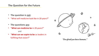 The Question for the Future


• The question is not:
• “What will medicine look like in 20 years?”

• The questions are:
• “What can medicine be in 20 years?”
            and
• “What can we aspire to be as leaders in
  fulfilling that vision?”
 