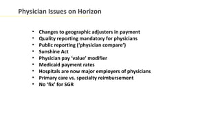Physician Issues on Horizon

    •   Changes to geographic adjusters in payment
    •   Quality reporting mandatory for physicians
    •   Public reporting (‘physician compare’)
    •   Sunshine Act
    •   Physician pay ‘value’ modifier
    •   Medicaid payment rates
    •   Hospitals are now major employers of physicians
    •   Primary care vs. specialty reimbursement
    •   No ‘fix’ for SGR
 