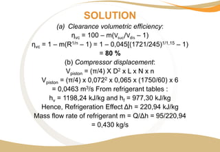 SOLUTION
(a) Clearance volumetric efficiency:
ηvc = 100 – m(Vsuc/Vdis – 1)
ηvc = 1 – m(R1/n – 1) = 1 – 0,045[(1721/245)1/1,15 – 1)
= 80 %
(b) Compressor displacement:
Vpiston = (π/4) X D2 x L x N x n
Vpiston = (π/4) x 0,0722 x 0,065 x (1750/60) x 6
= 0,0463 m3/s From refrigerant tables :
hv = 1198,24 kJ/kg and hf = 977,30 kJ/kg
Hence, Refrigeration Effect Δh = 220,94 kJ/kg
Mass flow rate of refrigerant m = Q/Δh = 95/220,94
= 0,430 kg/s
 