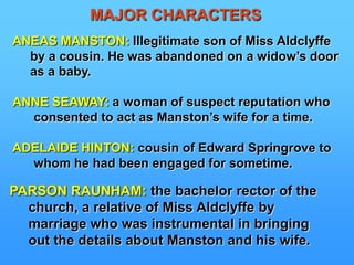 MAJOR CHARACTERSANEAS MANSTON: Illegitimate son of Miss Aldclyffe     by a cousin. He was abandoned on a widow’s door      as a baby.ANNE SEAWAY: a woman of suspect reputation who      consented to act as Manston’s wife for a time.ADELAIDE HINTON: cousin of Edward Springrove to       whom he had been engaged for sometime.PARSON RAUNHAM: the bachelor rector of the      church, a relative of Miss Aldclyffe by      marriage who was instrumental in bringing     out the details about Manston and his wife.   