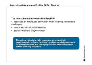 Intercultural Awareness Profiler (IAP): The tool




 The Intercultural Awareness Profiler (IAP):
 • assesses an individual’s orientation when resolving intercultural
 challenges
 • awareness of cultural differences
 • self-assessment, diagnostic tool



     The primary aim is to help managers structure their
     experiences in order to facilitate rapid personal development
     for doing business and managing in international business
     and/or diversity situations.
 