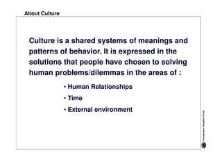 About Culture




 Culture is a shared systems of meanings and
 patterns of behavior. It is expressed in the
 solutions that people have chosen to solving
 human problems/dilemmas in the areas of :
                • Human Relationships
                • Time
                • External environment
 