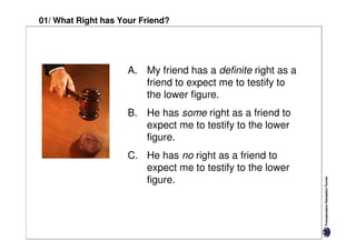 01/ What Right has Your Friend?




                     A. My friend has a definite right as a
                        friend to expect me to testify to
                        the lower figure.
                     B. He has some right as a friend to
                        expect me to testify to the lower
                        figure.
                     C. He has no right as a friend to
                        expect me to testify to the lower
                        figure.
 