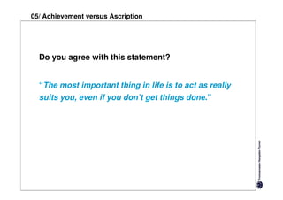05/ Achievement versus Ascription




  Do you agree with this statement?


  “The most important thing in life is to act as really
  suits you, even if you don’t get things done.”
 