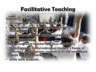 Facilitative Teaching
Teachers....
• are response to student feeling;
• use students’ ideas in ongoing instructional
  interactions;
• have discussion with students (dialogue);
• praise students;
• have congruent teacher talk (less ritualistic);
• tailor contents to the individual student's frame of
  reference (explanations created to fit the immediate
  needs of the learners); and
• smile with students.
 