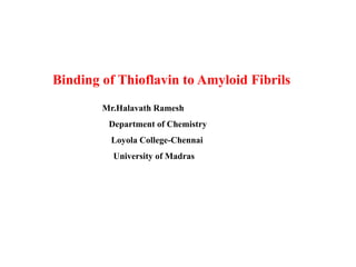 Binding of Thioflavin to Amyloid Fibrils
Mr.Halavath Ramesh
Department of Chemistry
Loyola College-Chennai
University of Madras
 